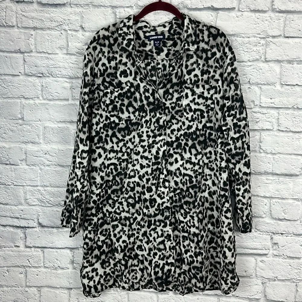 Lands End Shirt Dress Gray Black Animal Print Long Sleeve Button Up Size XL